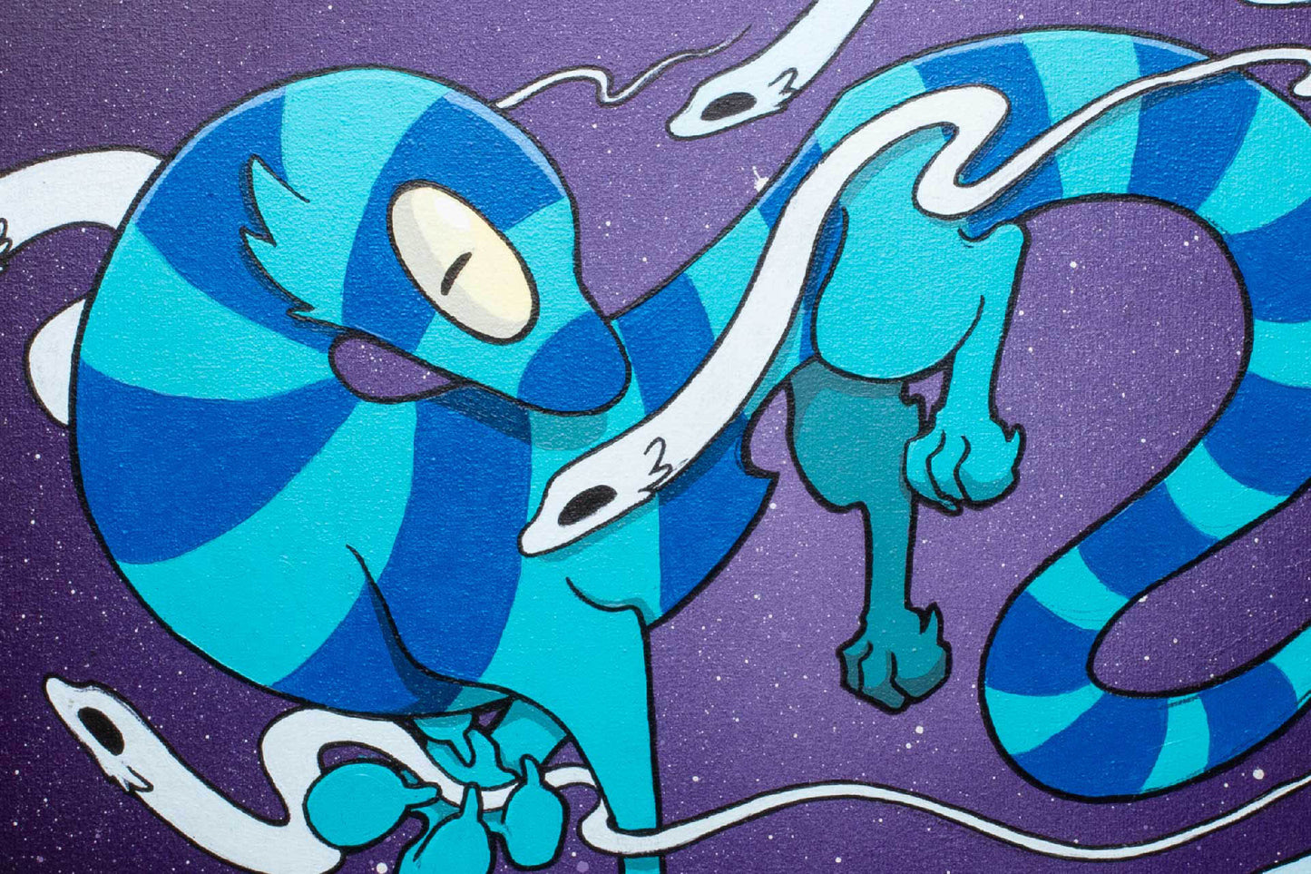 Close-up view of Christian Zeppieri's blue lizard painting