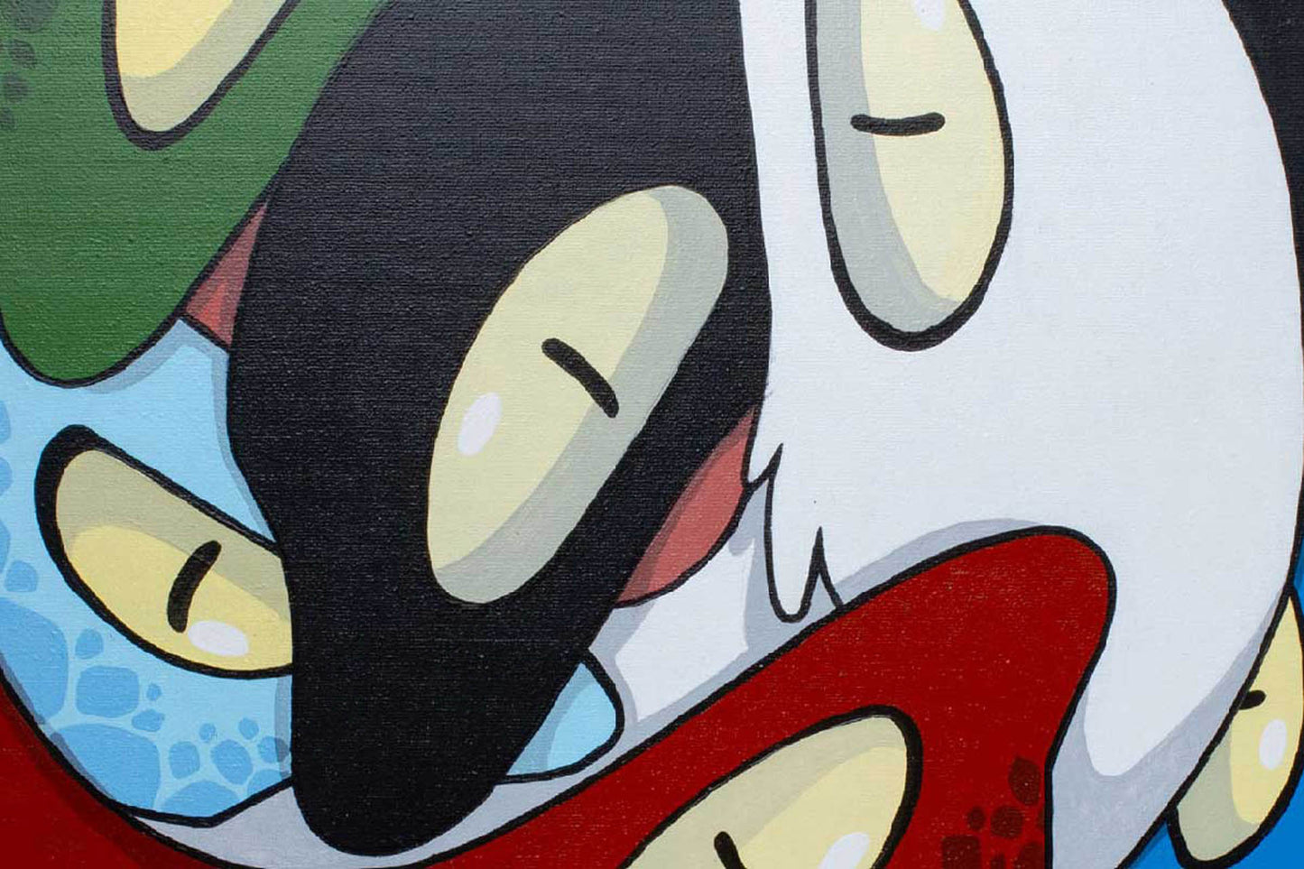Close-up view of Christian Zeppieri's coloured lizards painting