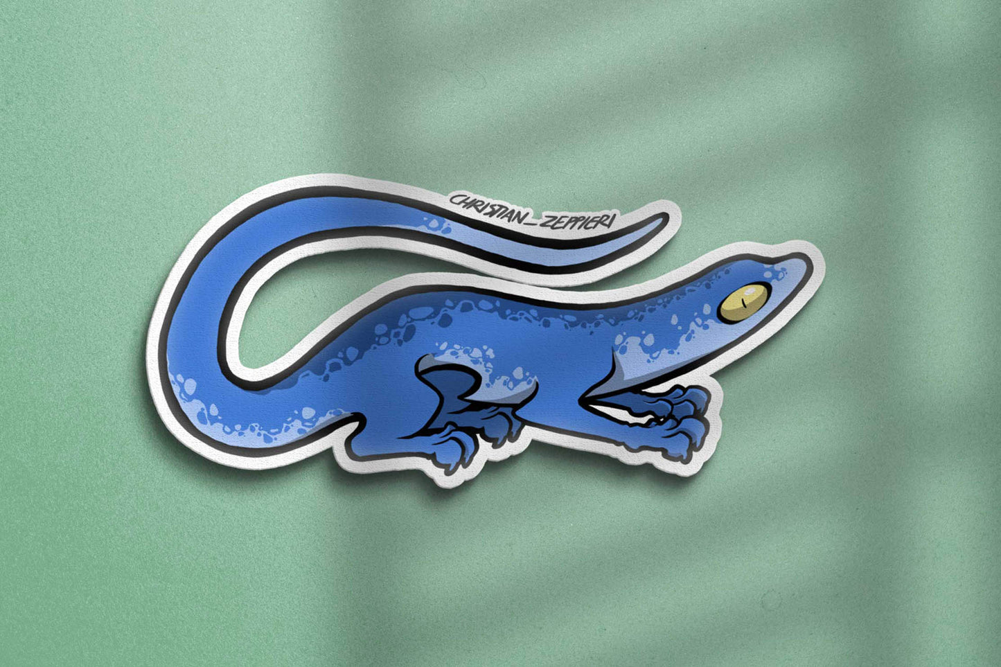 Close-up view of Christian Zeppieri's sticker Blue Lizard